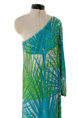 Phenomenal c.1972 La Mendola Hand Beaded Green Printed Caped One Shoulder Silk Jumpsuit