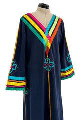 Colourful 1960s Josefa Deep Blue Cotton Caftan Dress w Multi Coloured Ribbns & Hand Embroidery