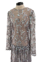 Prettiest 1970s Unlabeled Pale Grey Lace & Blue Grey Glossy Sequin Drop Waist Dress