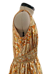 Incredible 1960s Unlabeled Gold Metallic Brocade Pouf Leg Jumpsuit w Gold Cord & Bead Detailing