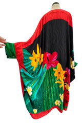 Fabulous 1980s Pauline Trigere Scarf Weight Silk Huge & Brillaint Coloured Floral Printed Caftan Dress