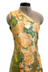 Incredible Spring 1993 Yves Saint Laurent One Shoulder Gold Floral & Peach Dress