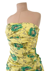 Documented Spring 1988 Emanuel Ungaro Pale Yellow Silk Taffeta Strapless Dress w Floral Print