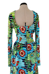 1972 Lanvin by Jules-Francois Crahay Printed Silk Jersey & Waffle Weave Low Back Dress