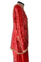 Bright Red 1980s Balenciaga Le Dix Sequin Jacket & Skirt Suit w Gold Braiding & Beadwork Detailing