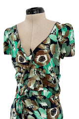 Prettiest 2019/2020 Prada 40s Inspired Lightweight Silk Dress w Green Floral Print & Ruffled Details