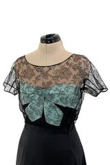 Rare 1950s Irene Lentz Black Silk Taffeta Dress w Pale Blue Ribbon & Lace Illusion Bodice