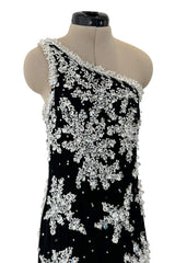 Incredible 1960s Adolfo Black Silk Chiffon One Shoulder Dress w Extensive Hand Bead & Sequin Detailing
