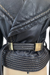Fall 1982 Gianfranco Ferre Runway Black Blue Wrap Leather Jacket w Wide Sleeves & Huge Collar