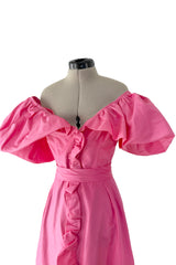 1980s Unlabeled Demi-Couture Pink Silk Dress w Ruffled Front & Caped Shoulders