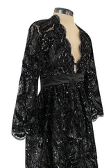Incredible Fall 1970 Donald Brooks Runway Black Chenille & Sequin Net Lace Dress w Plunge Front