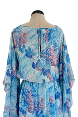 Dreamy 1970s Pierre Cardin Blue Floral Print Silk Chiffon Dress w Long Angel Sleeves