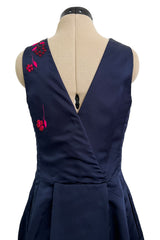 c2014 Christian Dior by Raf Simons Blue Silk Faille Dress w Pink Floral Embroidery & Beads