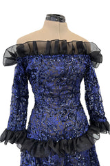 Fall 1987 Yves Saint Laurent Runway Off Shoulder Dress w Metallic Thread & Ruffled Detailing