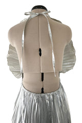 Exceptional 1970s Roland Klein Metallic Silver Lame Pleated Fan Dress w Completely Open Bare Back