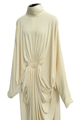 1970s Yuki by Gnyuki Torimaru for Rembrandt Ivory Jersey Caftan Dress W Gathered Front