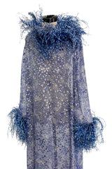 1970s Unlabeled Printed Silk Chiffon Dress w Gold & Silver Thread & Feather Collar & Cuffs