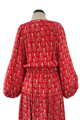 Prettiest 1970s Hanae Mori Red Print Light Silk Dress w Full Balloon Sleeves & Tiered Skirt
