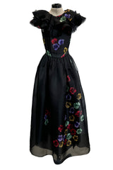 Spring 1981 Unlabeled Christian Dior Floral Print Silk Organza Dress w Ruffled Shoulders