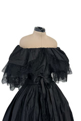Dramatic 1970s Louis MiesOff Shoulder Haute Couture Silk Dress w Hand Made Lace & Full Skirt