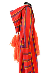 Incredible 1960s Josefa Striped Cotton Caftan Dress w Hood & Huge Orange Yarn Tassel Detailing