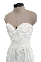 1970s Loris Azzaro White Stretch Jersey Strapless Jumpsuit w Gathered Bodice & Draped Pants