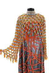 Ultra Rare 1990s Paco Rabanne Haute Couture Metallic Silver & Coral Dress w Chainlink Top & Headpiece