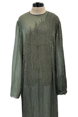 Prettiest Fall 1981 John Anthony Couture Moss Green Silk Chiffon Dress w Hand Beaded Detailing