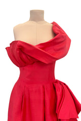 Prettiest 1970s Loris Azzaro Red Silk Gazaar One Shoulder Dress w Ruffled Detailing & Side Bow