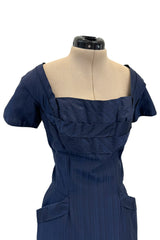 Prettiest 1950s Ceil Chapman Fitted Blue Dress w Hip Pockets & Pleated Bodice Detailing