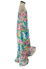 Beautiful 1980s Pierre Cardin Haute Couture Silk Chiffon Pastel Floral Ruffled Strapless Dress & Cape