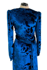 Fabulous Fall 1986 Bill Blass Runway Brilliant Blue Silk Velvet Dress w Open Cut Out Back