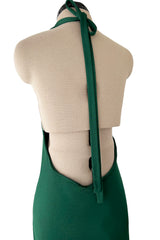 Sexiest 1974 Halston Couture Deep Green Silk Jersey Backless Dress w Front Plunge & Long Ties