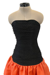 Spring 1987 Yves Saint Laurent Runway Strapless Dotted Net Mini Dress w Coral Skirt