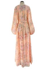 Incredible 1970s Hanae Mori Floral & Butterfly Peach Silk Chiffon Dress w Balloon Sleeves & Beading