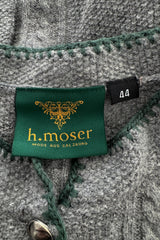 Wonderful 1980s Moser Deep Grey Colour Hand Knit Cardigan Sweater w Floral Details & Metal Buttons