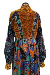 Spectacular 1970s Ronald Amey Demi-Couture Printed Silk, Silk Chiffon & Cut Velvet Dress