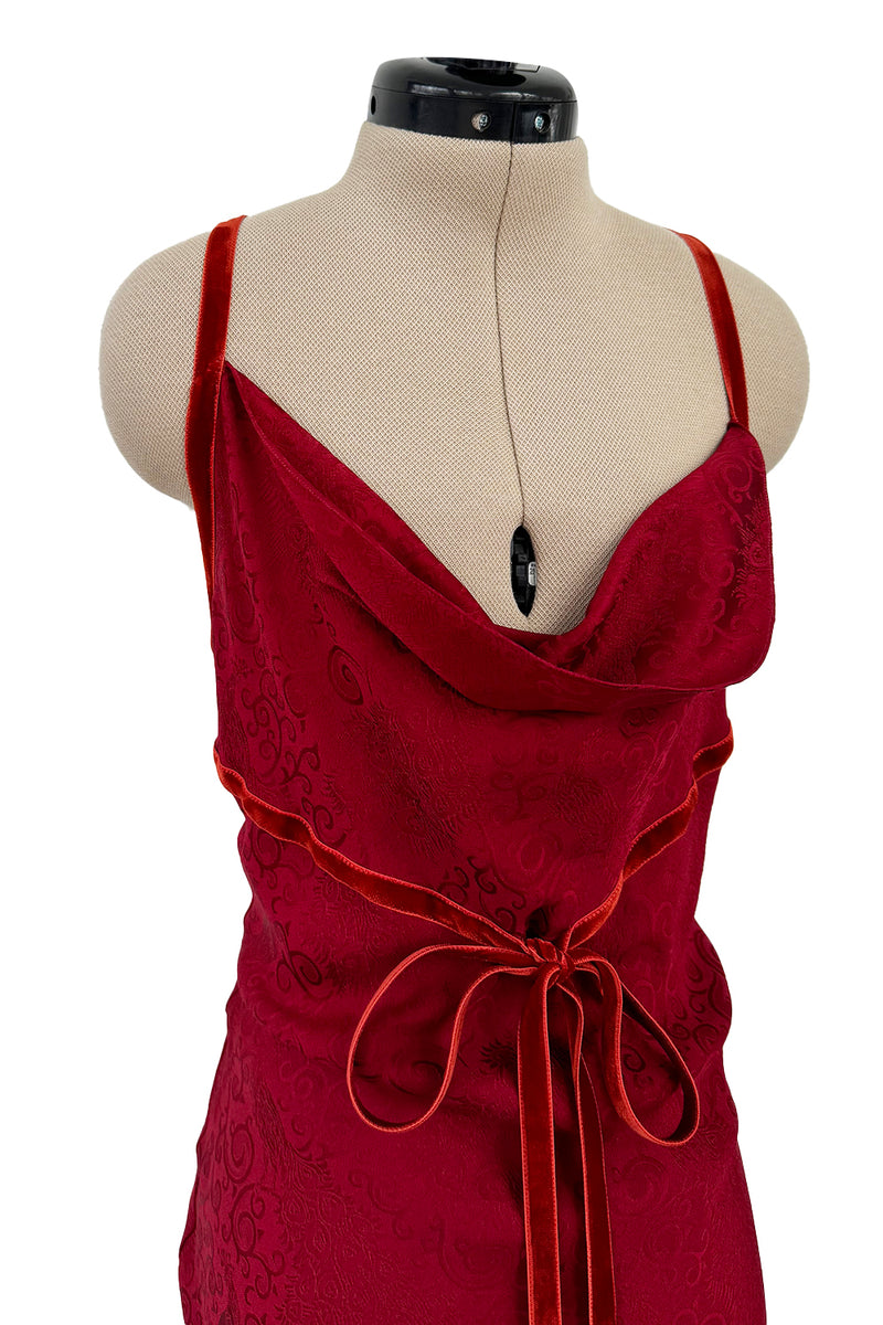 Exquisite Fall 1999 John Galliano Deep Red Bias Cut Patterned Silk Backless Dress w Velvet Ribbon Details