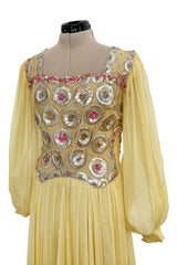 Incredible 1960s Tiziani Couture by Karl Lagerfeld Yellow Silk Chiffon Dress w Elaborate Beading