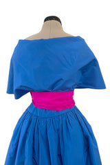 Prettiest 1980s Adele Simpson Blue Silk Plunge Wrap Dress w Brilliant Pink Sash & Caped Shoulders