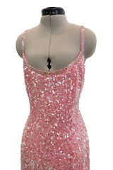 Prettiest 1980s Oleg Cassini Pink Silk Dress Covered in Iridescent Sequins w Silver Tube Bead Detailing & Trim