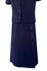 Minimalist Spring 1973 Courreges Numbered Haute Couture Blue Snap Front Jacket & Matching Skirt