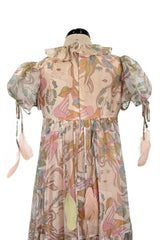 Phenomenal 1960s Gina Fratini Printed Tiered Baby Doll Maxi Dress w Poufed Cap Sleeves & Feather Details