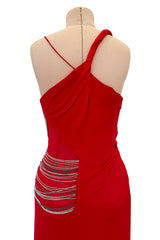 Fabulous 2000s Versace by Donatella Red Crepe Dress w Rhinestone & Silver Chain Detailing