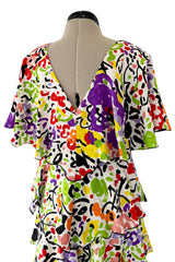 Prettiest 1970s Hollys Harp Bright Printed Silk Tiered V Front & Back Plunge Dress w Layered Tiers