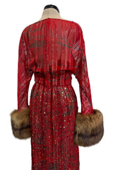 Incredible Fall 1979 Bill Blass Couture Red Silk Chiffon Dress w Gold Sequins & Mink Cuffs