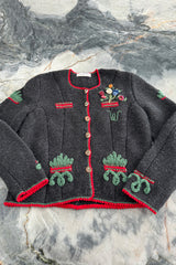 Prettiest 1980s Wolkenstricker Charcoal Colour Hand Knit Cardigan Sweater w Floral Details