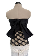 Fantastic Spring 2001 Jean Paul Gaultier Runway Multi Length Mesh Band Dress w Jersey Face Print Skirt