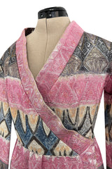 Incredible Fall 1970 Bill Blass Runway Pink Patterned Gold Metallic Thread Dress w Wide Sleeves