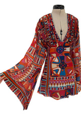 Fantastic 1970 Thea Porter w Documented Print by Sandra Munro Silk Chiffon Mini Dress w Ultra Wide Sleeves